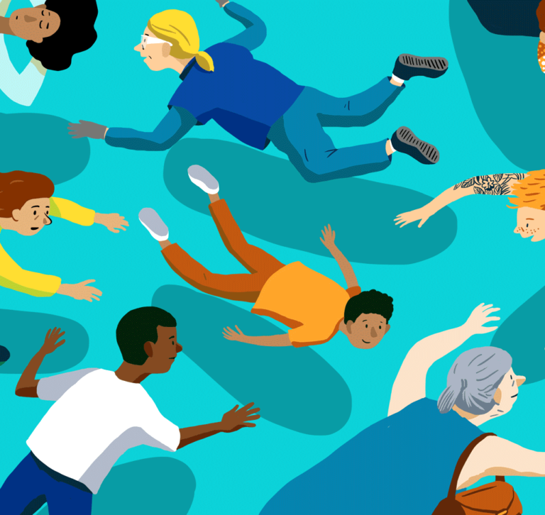Illustration d'Aline Rollin pour la saison de théâtre 2020-2021 du Pied aux planches - personnages flottant sur fond bleu