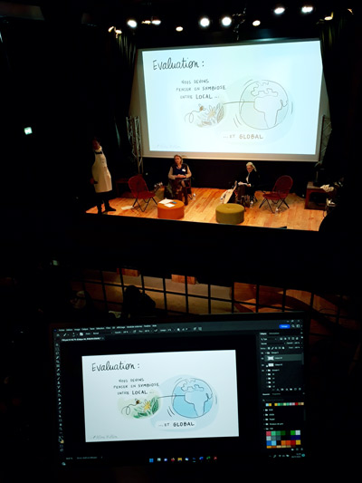 Photo du dispositif de dessin numérique projeté en live sur le grand écran de la salle de l'événement